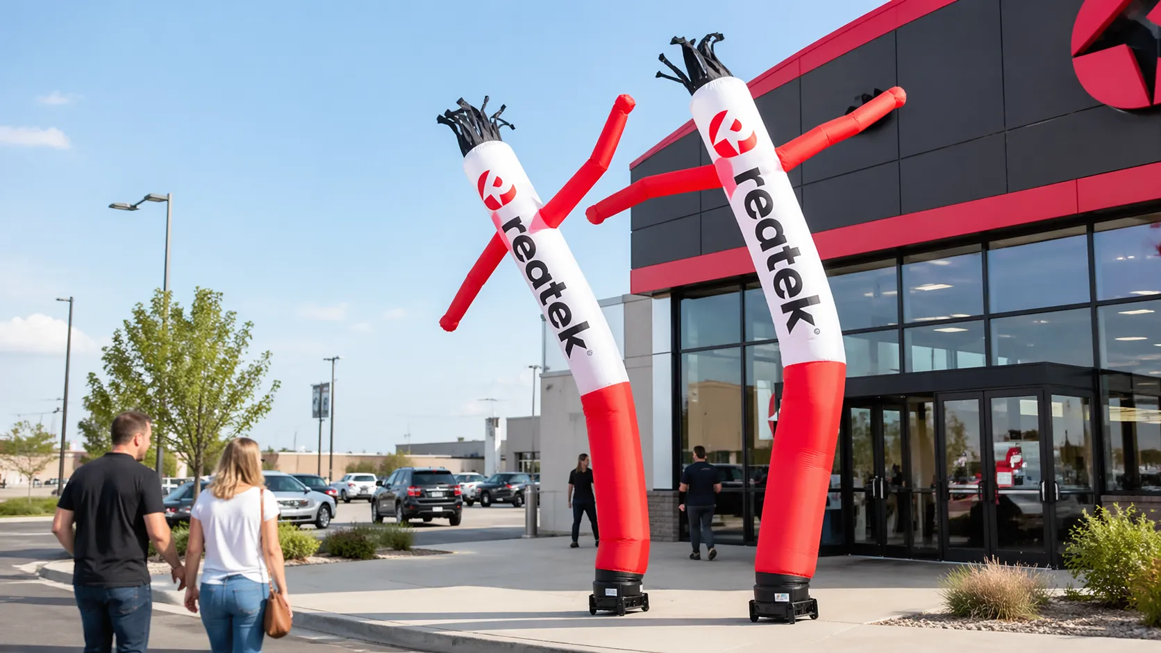 Airdancer nafukovací reklamní poutač REATEK před provozovnou jako dynamický prvek pro přilákání pozornosti kolemjdoucích.