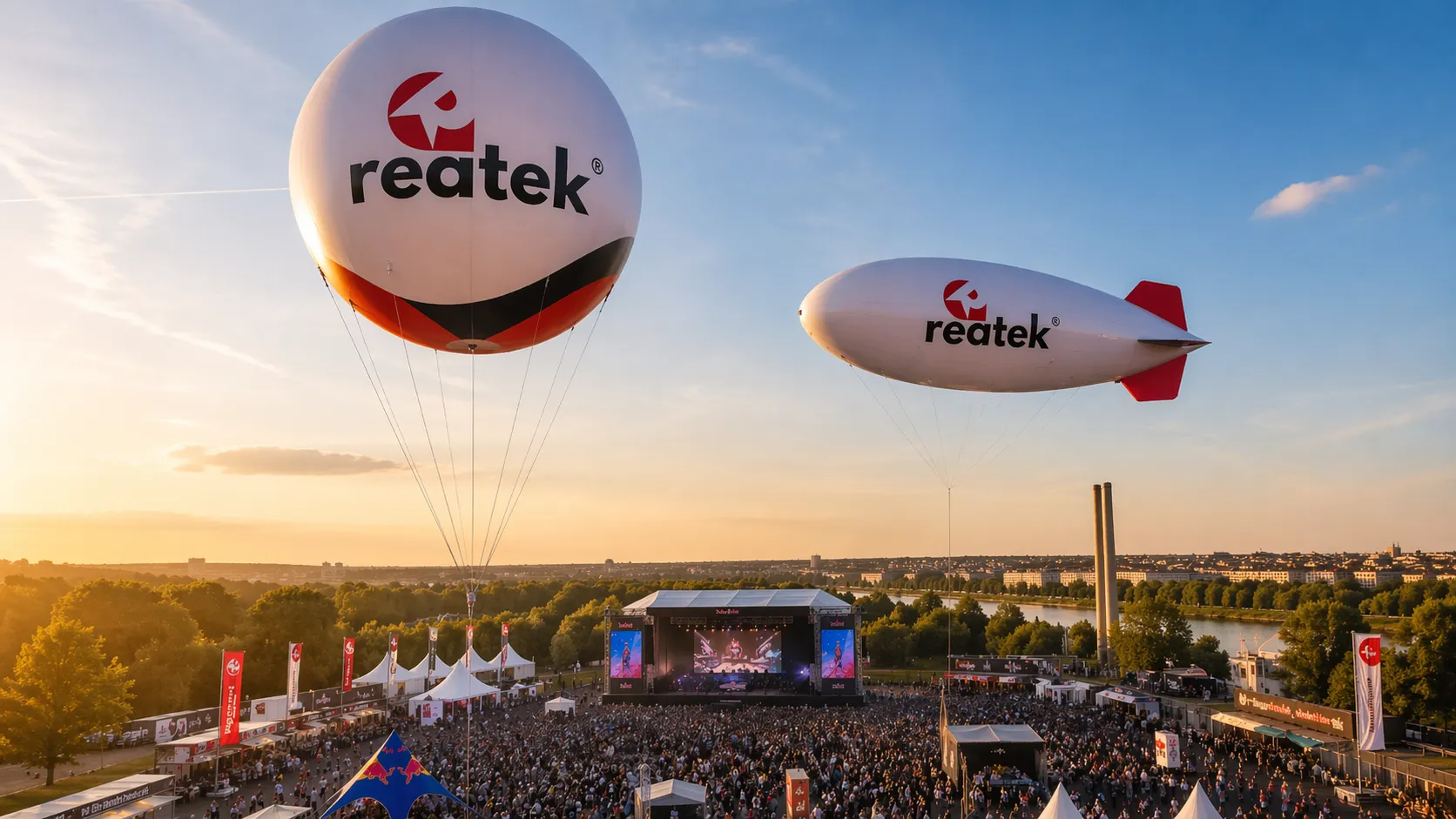 Heliový balón a heliová vzducholoď REATEK nad festivalovým areálem jako dominantní reklamní body eventu.