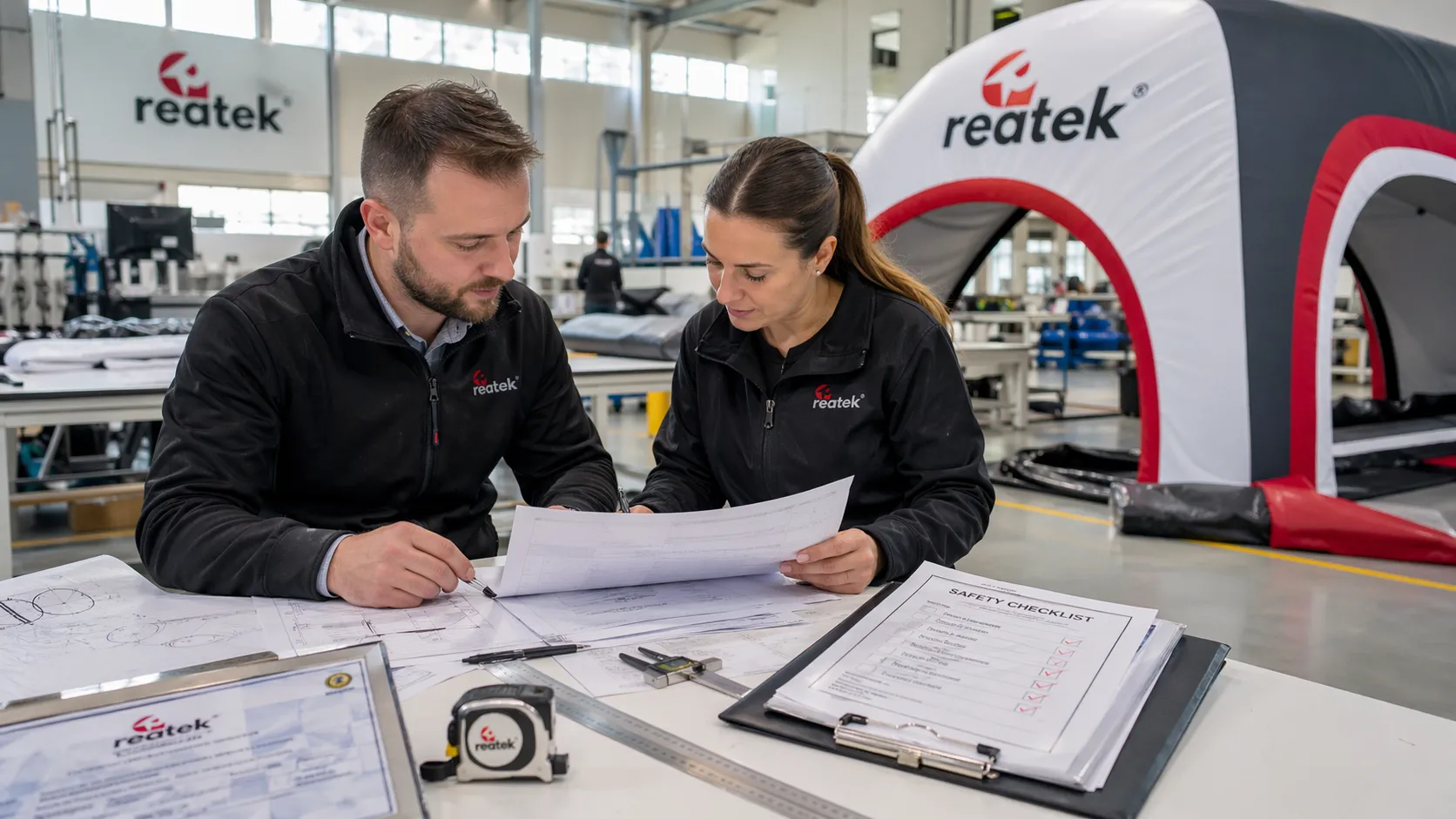 Technik a inženýr REATEK kontrolují technickou dokumentaci, bezpečnostní checklist a kvalitu nafukovací reklamní konstrukce ve výrobním prostředí.