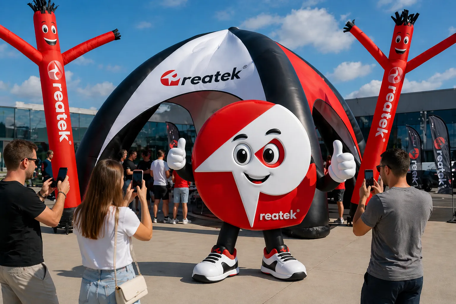Nafukovací maskot REATEK v reálném venkovním prostředí s pneumatickým stanem, airdancery a lidmi fotografujícími reklamní prezentaci.
