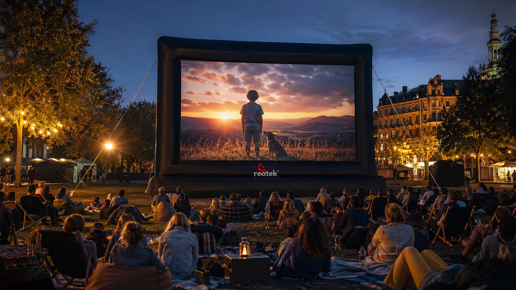 Nafukovací promítací plátno REATEK na večerním open-air letním kině s publikem v parku.