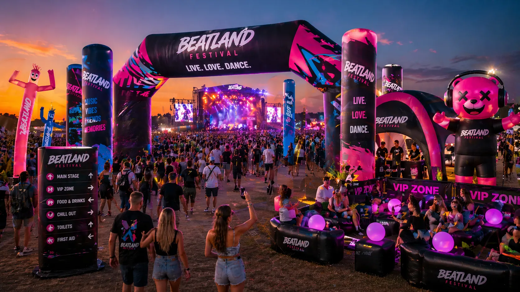 Nafukovací reklama pro festivaly a kulturní akce s velkou nafukovací vstupní bránou, reklamními sloupy, pneumatickými stany, 3D maskotem, airdancery a branded VIP zónou.