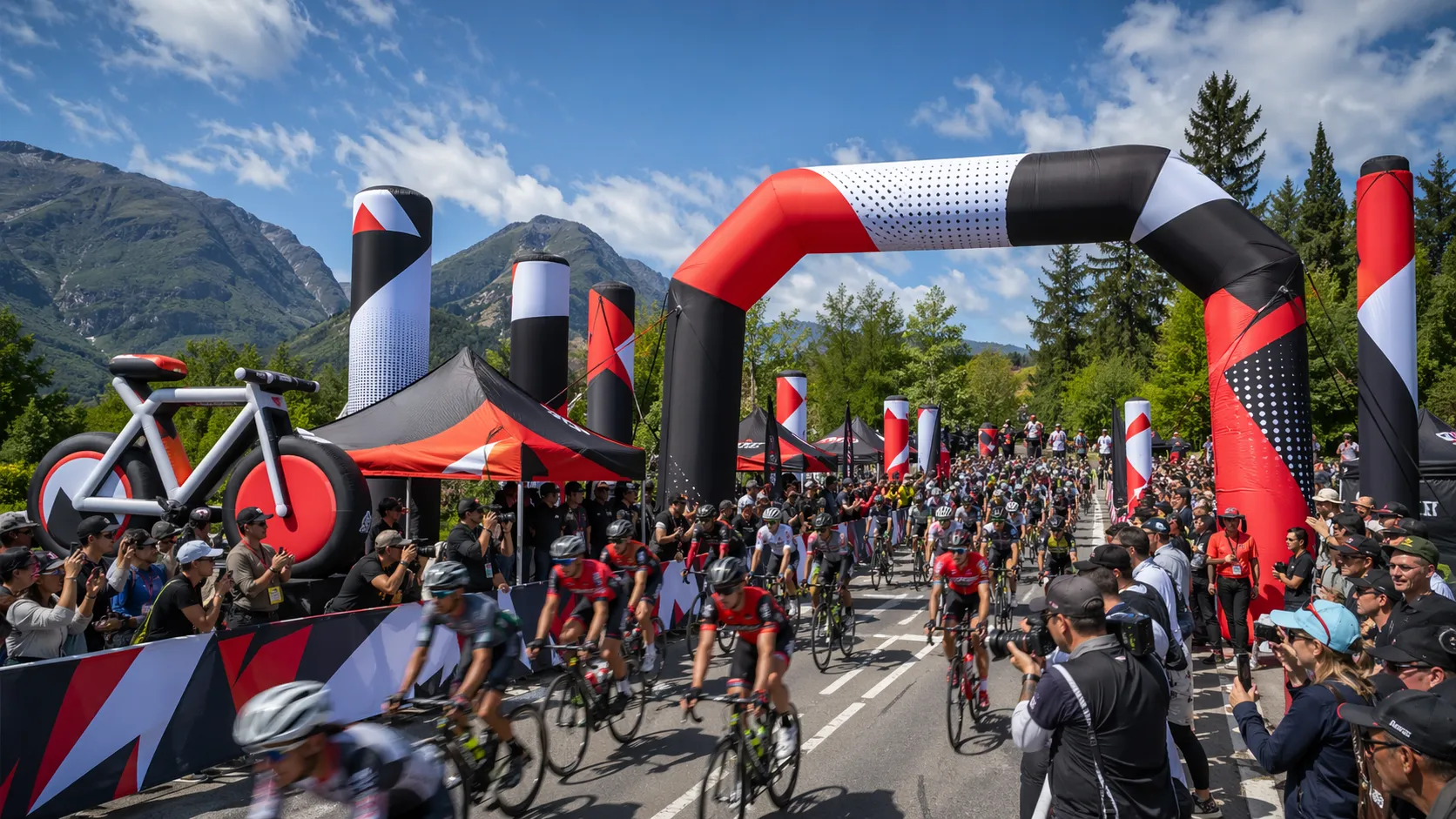 Nafukovací reklama pro cyklistické akce se startovní bránou, nafukovacími sloupy a sportovní eventovou zónou u závodu.