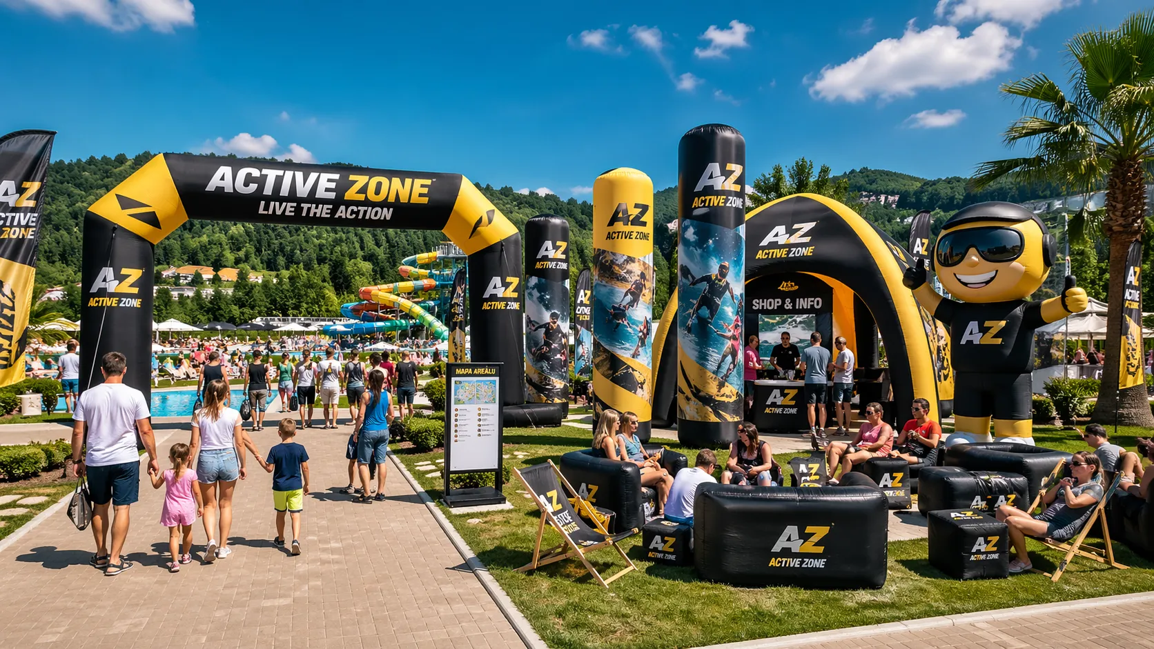 Nafukovací reklama pro sportovní areály, aquaparky a sezónní střediska s nafukovací vstupní bránou, pneumatickým stanem, reklamními sloupy, 3D maskotem a chill-out zónou pro návštěvníky.