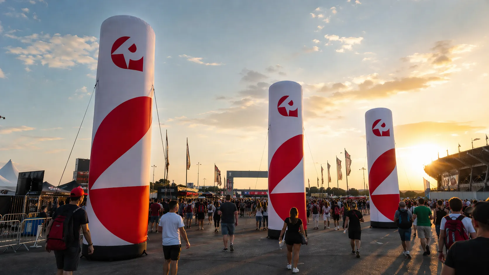 Nafukovací reklamní sloupy REATEK na festivalu jako vysoké navigační body viditelné z dálky.