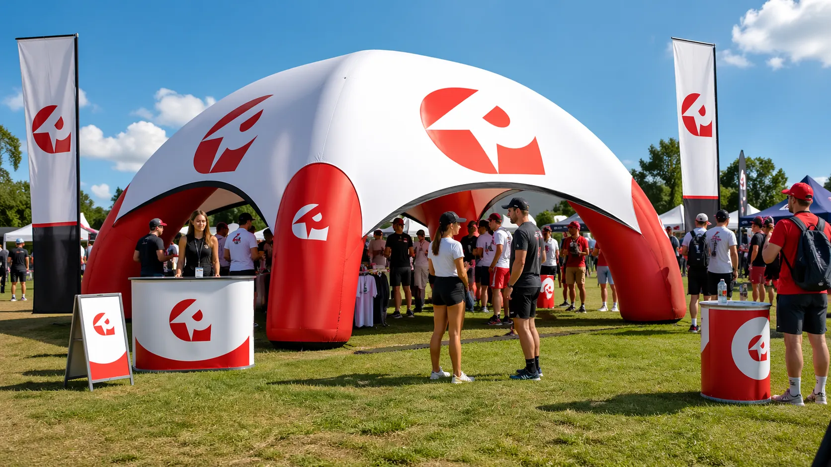 Nafukovací pneumatický reklamní stan REATEK na outdoor eventu se sportovci, promotéry a návštěvníky.