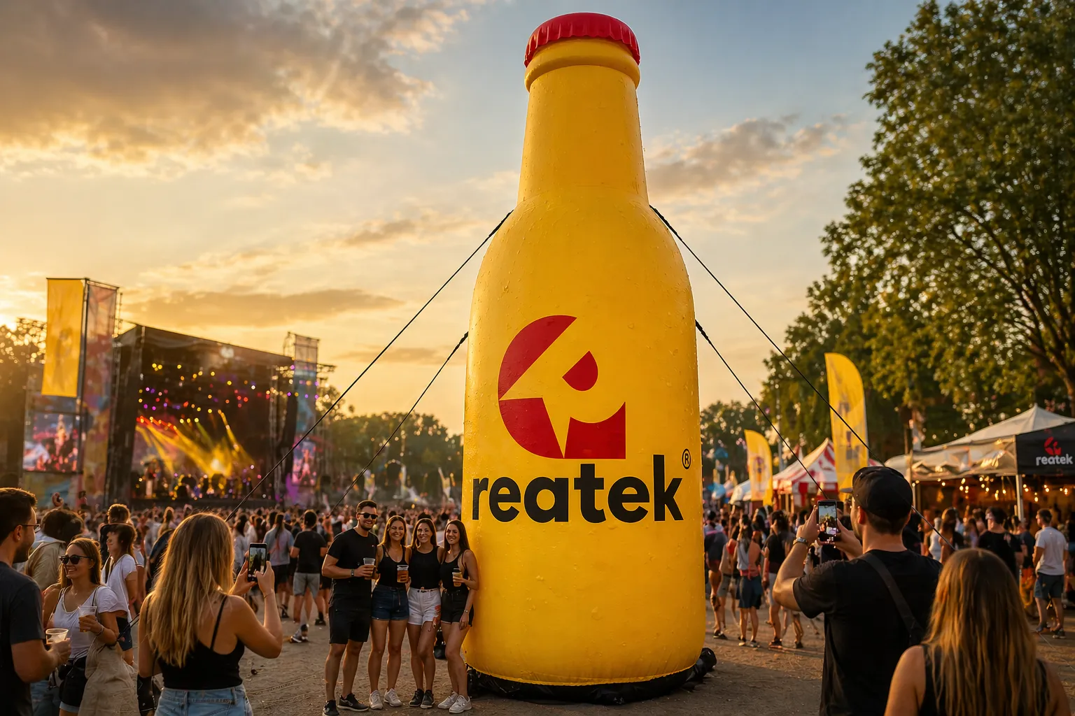 XXL nafukovací láhev REATEK na festivalu jako dominantní reklamní fotopoint.
