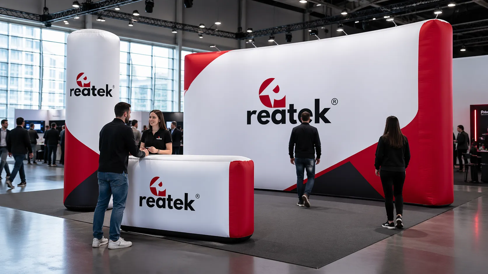Nafukovací totem a reklamní stěna REATEK v moderní expo zóně s prezentačním pultem a návštěvníky.