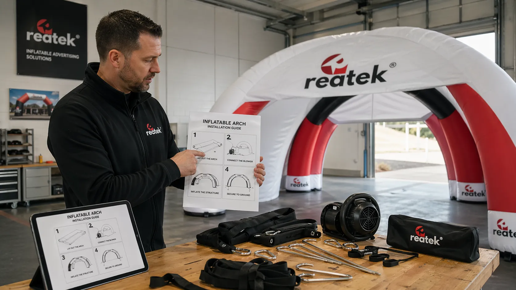 Technik REATEK ukazuje postup instalace nafukovací reklamní brány s návodem, tabletem, příslušenstvím a částečně nafouknutou konstrukcí v technickém prostoru.