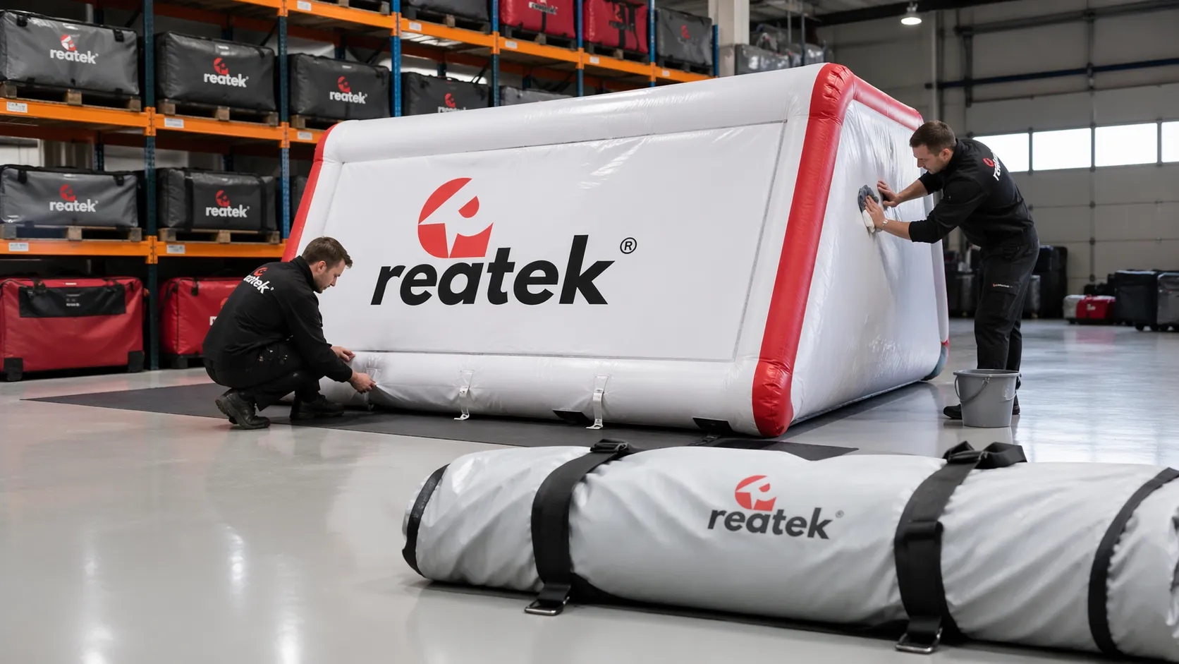 Technici REATEK kontrolují a čistí nafukovací reklamu v servisním prostředí, aby byla připravena k bezpečnému opakovanému používání na eventech a promo akcích.