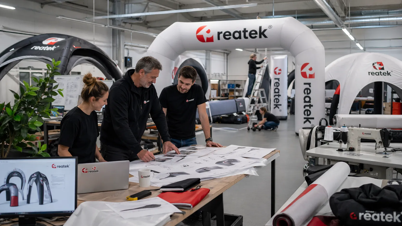 Profesionální výroba nafukovací reklamy REATEK v moderním produkčním prostředí s designéry, techniky a hotovými nafukovacími produkty.