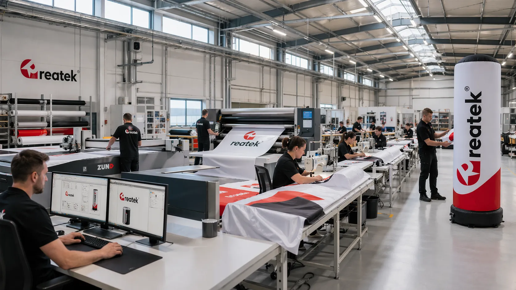 Moderní výrobní proces nafukovací reklamy REATEK v čisté evropské dílně s designem, potiskem, šitím, kontrolou kvality a hotovým nafukovacím produktem.